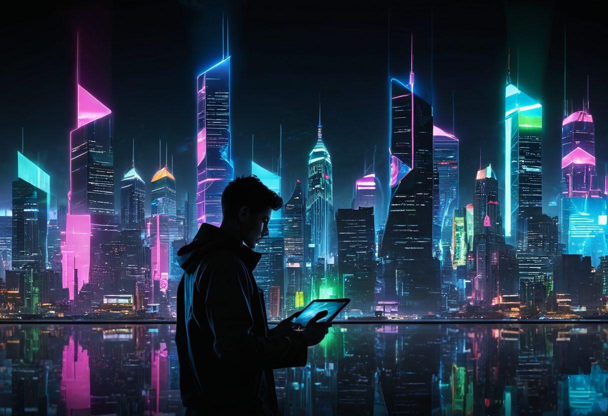 A futuristic city skyline illuminated by neon lights, showcasing diverse digital screens streaming adult media content in various formats. In the foreground, a silhouette of a person holding a tablet, immersed in the glow of technology. Elements of connectivity, like floating holograms and data streams, create a dynamic, engaging atmosphere. The overall mood should convey innovation and transformation. cyberpunk. vibrant colors. high contrast.